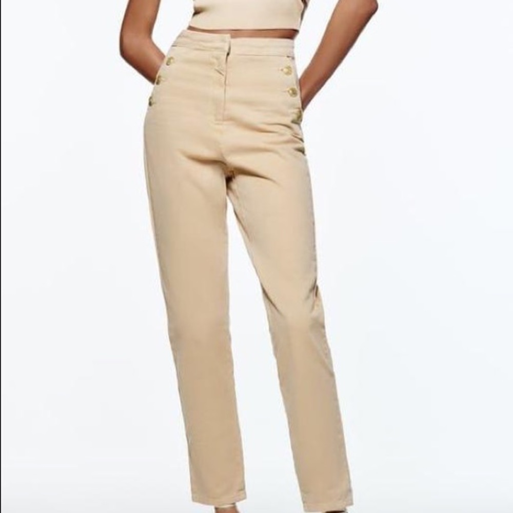 Zara straight leg beige jeans with gold toned buttons